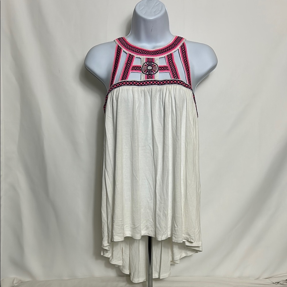 GB Size Small White Sleeveless Top with Pink Embroidery Open Back Tank Top